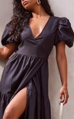 Robe Cache-coeur Longue En Maille Tissée Noire à Manches Bouffantes -Zeze Vetements Magasin 004d68e7b400d2986274422e41a7cbc114b04bba cnd2028 4