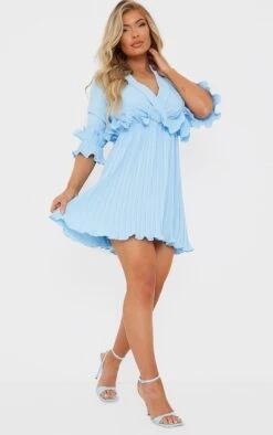 Robe Patineuse Bleu Ciel Plissée à Volants