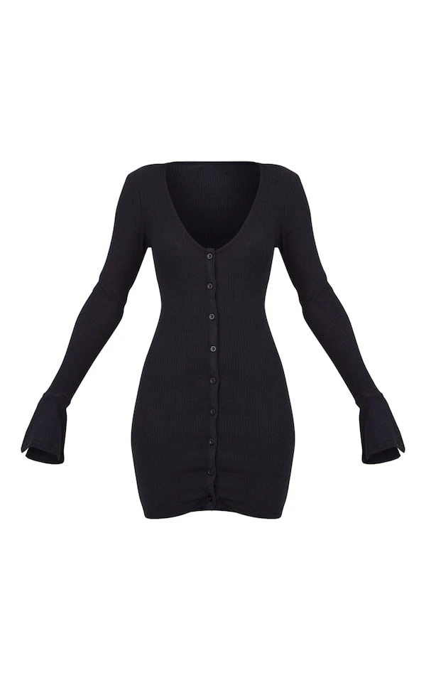 Robe Chemise Décolletée Côtelée Brossée Noire à Manches évasées 7 Robe Chemise Décolletée Côtelée Brossée Noire à Manches évasées – Image 5