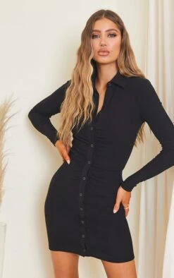 Robe Chemise Côtelée Brossée Noire à Manches Longues Et Fronces