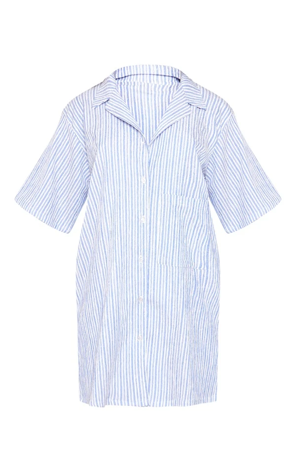 Robe Chemise Texturée Rayée Bleue à Manches Courtes Et Poche 7 Robe Chemise Texturée Rayée Bleue à Manches Courtes Et Poche – Image 5
