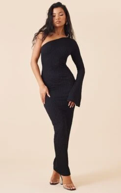 Robe Longue Texturée Noire Asymétrique