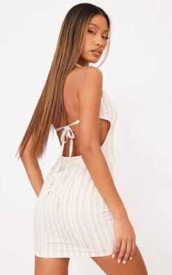 Robe T-shirt Droite En Effet Lin Beige Rayé Découpée à Nouer Derrière