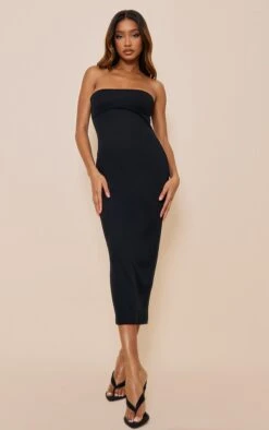 Robe Mi-longue Bustier Côtelée Noire à Armatures