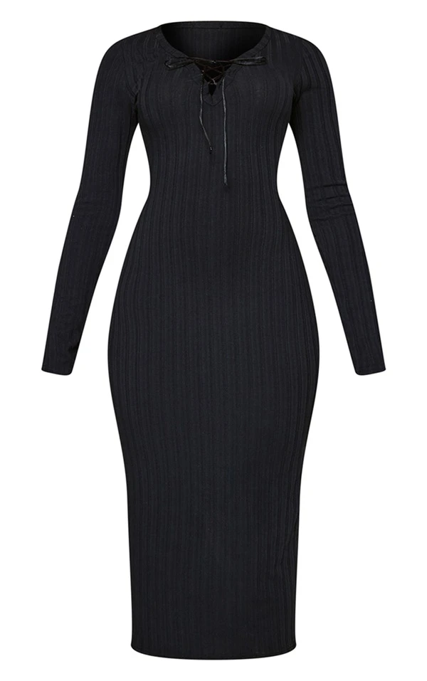 Robe Longue Côtelée Noire à Détail Lacé 7 Robe Longue Côtelée Noire à Détail Lacé – Image 5