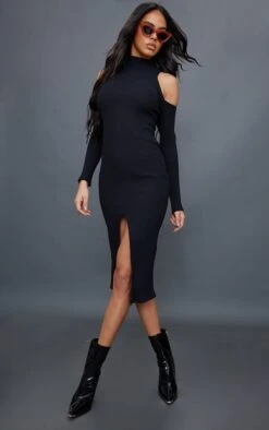 Robe Mi-longue Noire Côtelée à épaules Dénudées Et Fente