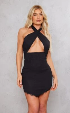 Robe Moulante En Mousseline De Soie Noire Dos Nu Croisé à Ourlet En Dentelle