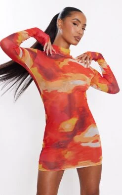 Robe Moulante En Mesh Rouge Imprimé Abstrait à Manches Longues -Zeze Vetements Magasin 1c784c746458fabac8daf481293bc2cec8a7e803 cne1829 4