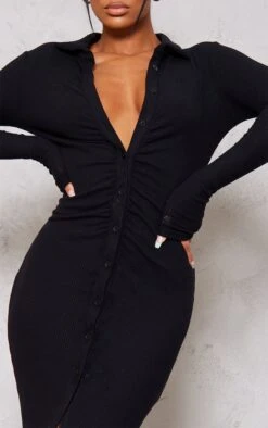 Robe Chemise Longue Côtelée Brossée Noire à Fronces Et Manches Longues -Zeze Vetements Magasin 1d44156d7921cd38b8a774058d6b00f3a196be9c cmu8781 5