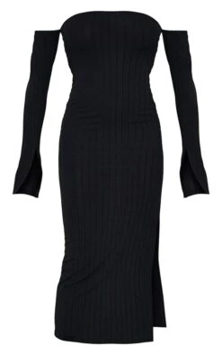 Robe Mi-longue Côtelée Noire à Col Bardot Et Manches Fendues -Zeze Vetements Magasin 1d5f6f6858b1596dea3ca02131fd69de62df3763 cnd1314 5