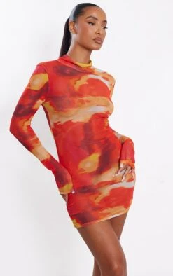 Robe Moulante En Mesh Rouge Imprimé Abstrait à Manches Longues -Zeze Vetements Magasin 1e710b53c177b66371b2c46e7b0c707a98828edb cne1829 3