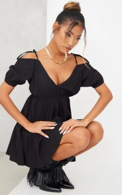 Robe Droite Texturée Noire à Manches Bouffantes Et Col En V -Zeze Vetements Magasin 1ed572125ef876b65dd7084134accab87ab2c587 cmy1762 5