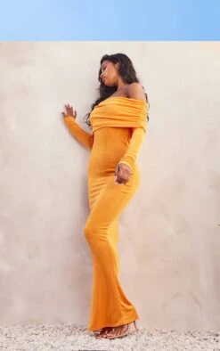 Robe Moulante Longue En Acétate Orange à Manches Longues Et Col Bardot -Zeze Vetements Magasin 1f46f45ce3fad51977a46a491992578317a12a7f cne2950 3