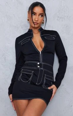 Robe Moulante Tissée Noire à Coutures Contrastantes -Zeze Vetements Magasin 21ef42c1a6fcf6404c471c3ef85fb41f2684d4ad cnc8320 3