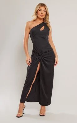 Robe Longue Asymétrique En Mousseline De Soie Noire à Découpe Et Détail Torsadé