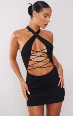 Robe Dos Nu En Maille Tricot Côtelée Noire à Lacets Devant