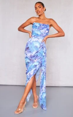 Robe-bustier Longue En Mousseline De Soie Froncée Fleurie Bleue à Jupe Drapée -Zeze Vetements Magasin 28513376f9e316c6ef204b9fdfe252d325ba952e cne2984 3