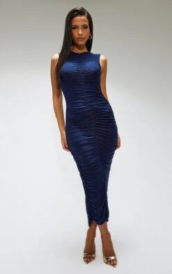 Robe Longue Moulante Bleu Marine Foncé Froncée Sans Manches
