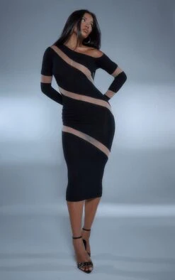 Robe En Maille Tricot Transparente Noire à Parties Contrastantes