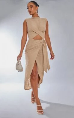 Robe Mi-longue Portefeuille Texturée Gris Pierre à Col Montant Et Taille Croisée -Zeze Vetements Magasin 2d024e188033a440d155526a44ed272d2bc0f5be cnb7303 3