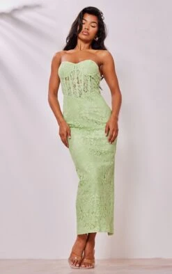 Robe Longue à Corset Bustier En Dentelle Fleurie Vert Sauge