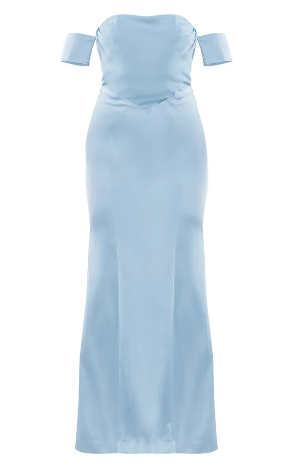 Robe-corset Longue Bleu Cendré à Dos Nu Découpé Et Col Bardot 7 Robe-corset Longue Bleu Cendré à Dos Nu Découpé Et Col Bardot – Image 5