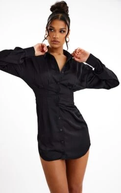 Robe Chemise Satinée Noire à Taille Ajustée -Zeze Vetements Magasin 3258c2491591392a0d6cb064025dae3cf6228fa8 cnc7697 3