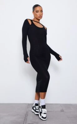 Robe Mi-longue En Jersey Noir à Bretelles Et Manches Longues