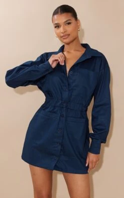Robe Chemise En Maille Sergée Bleu Marine à Poches Frontales Et Taille élastique