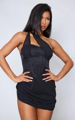 Robe Moulante En Mesh Noir à Corset Satiné Avec Armatures Et Lanières