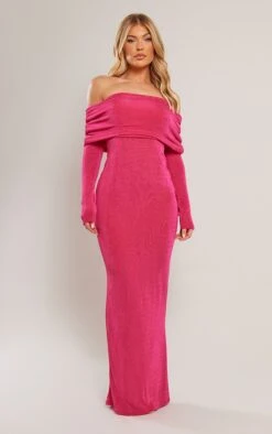 Robe Moulante Longue En Acétate Rose Vif à Manches Longues Et Col Bardot