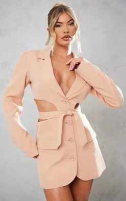 Robe Blazer Sable Décolletée Découpée à Détail Noué