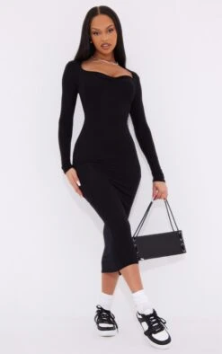 Robe Mi-longue Noire En Jersey à Noeud Sous Le Buste