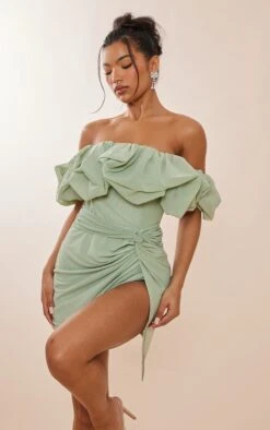 Robe Moulante Bouffante En Mesh Vert Sauge à Corset
