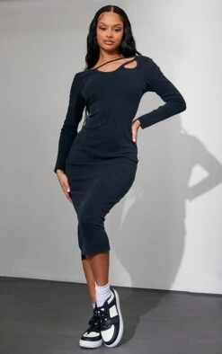 Zero Robe Longue Côtelée Bleu Marine Foncé à Découpes Et Manches Longues