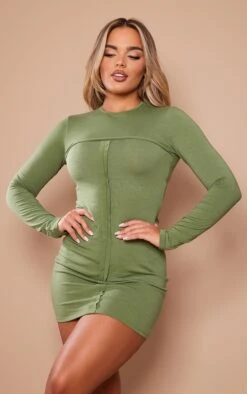 Robe Moulante En Jersey Kaki Manches Longues à Détail Coutures