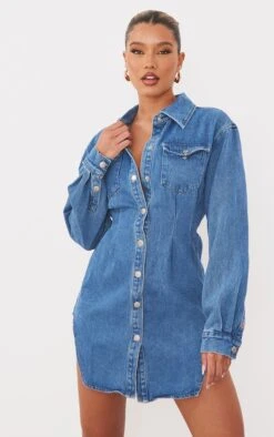 Robe Chemise Cintrée En Jean Moyennement Délavé à Manches Longues -Zeze Vetements Magasin 3d12755dcea2860413dc00da9fe0aaef7fd9c44c cmg1747 3