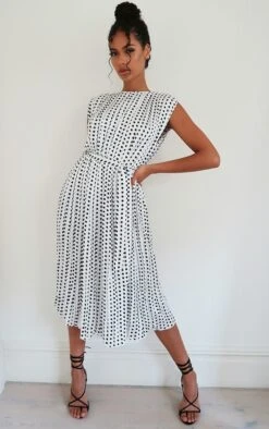Robe Mi-longue Sans Manches Plissée Blanche Imprimé Pois