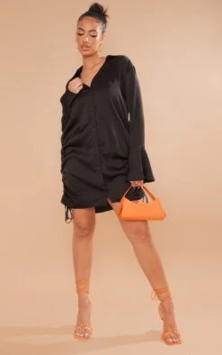 Robe Chemise Satinée Noire à Manches évasées à Double Fronce