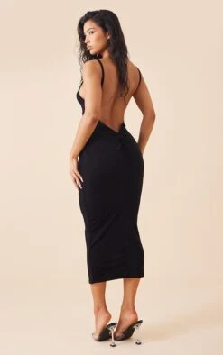 Robe Mi-longue En Acétate Noire à Bretelles Et Dos Plongeant Détail Noeud