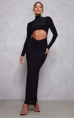 Robe Longue Moulante Découpée Noire à Taille Froncée Et Manches Longues