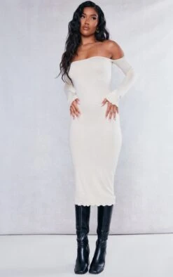 Logic Robe Longue Brossée En Jersey Avoine à Col Bardot