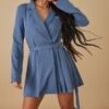 Robe Blazer Tissée Plissée Bleu Minéral à Détail Boucle