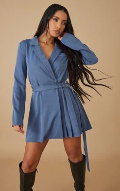 Robe Blazer Tissée Plissée Bleu Minéral à Détail Boucle