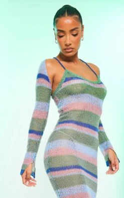 Robe Longue En Maille Tricot Ajourée à Rayures Bleues Et Manches -Zeze Vetements Magasin 46be49148e3ebee69c72a418c956c053f36472ae cnc5955 4
