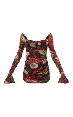 Robe Moulante En Mesh Fleuri Rouge Froncé à Barre En V -Zeze Vetements Magasin 49d8f7b18b1032344228d9268b8e17667e8d67f7 cnd0392 5