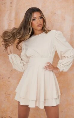 Robe Droite Tissée Gris Pierre à Coutures Sur La Taille Et Manches Longues Bouffantes -Zeze Vetements Magasin 4a671efd7e788400a2079f974483a73f2a552645 cmt9390 5