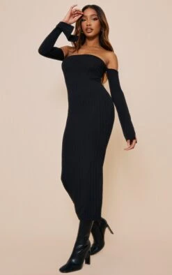 Robe Mi-longue Côtelée Noire à Col Bardot Et Manches Fendues -Zeze Vetements Magasin 4b2185a98d6a1721aad877451235da9060353559 cnd1314 3