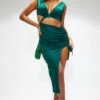 Robe Moulante Décolletée Froncée Satinée Vert émeraude