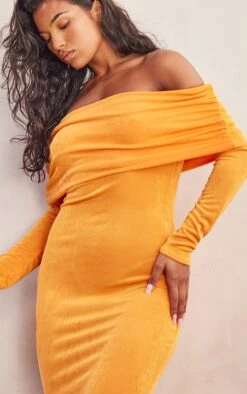 Robe Moulante Longue En Acétate Orange à Manches Longues Et Col Bardot -Zeze Vetements Magasin 4c6bddce6fd199fdc5da1b30aeb51e8208d2b000 cne2950 4